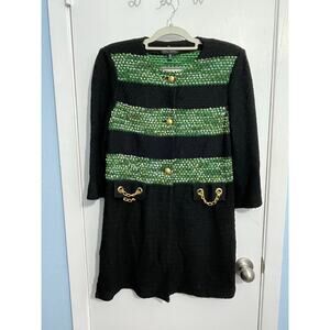 Ming Wang Jacket XS Black Green Tweed Gold Chains Holidays Preppy Twee NWOT